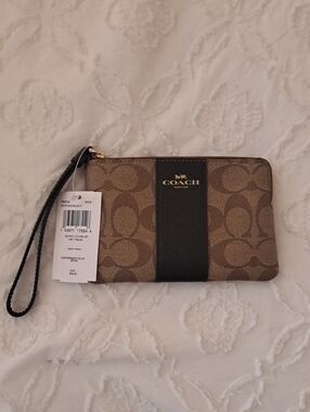 Coach Brown Signature Canvas Wristlet with Black Center Stripe